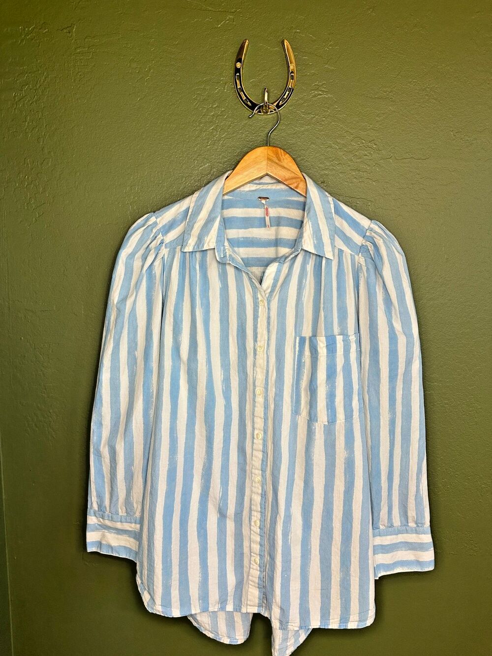 Free People Oversized Striped Button Down Shirt Puff Sleeves Medium Relaxed Boho